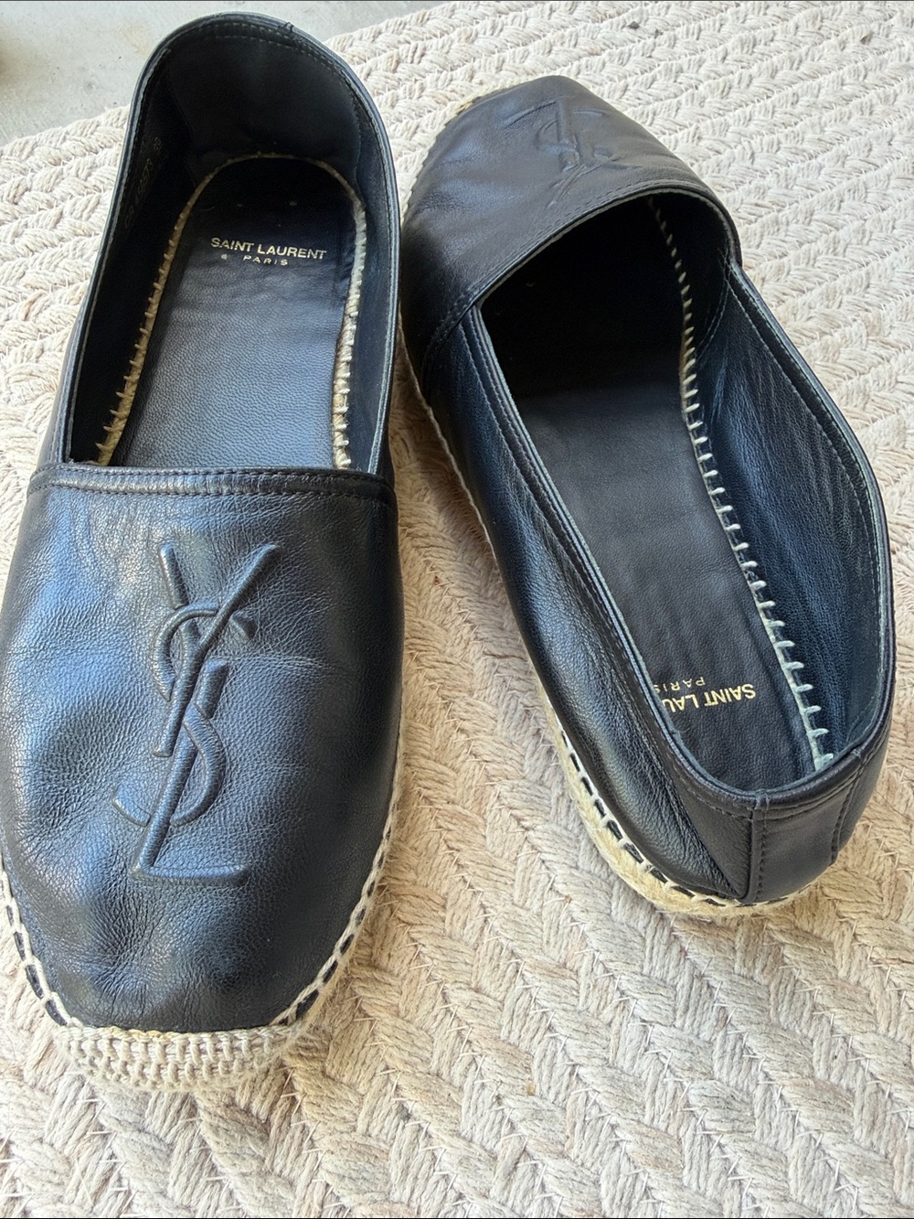 Saint Laurent Black Leather Espadrille Slip-Ons with Embossed YSL